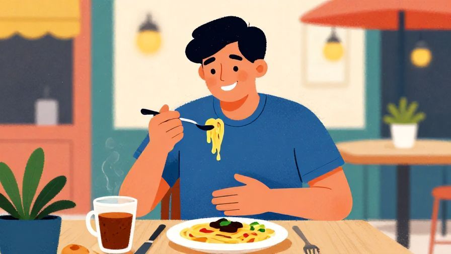 Illustration of a person holding their stomach happily after eating, relaxed outdoor café scene, vibrant colors