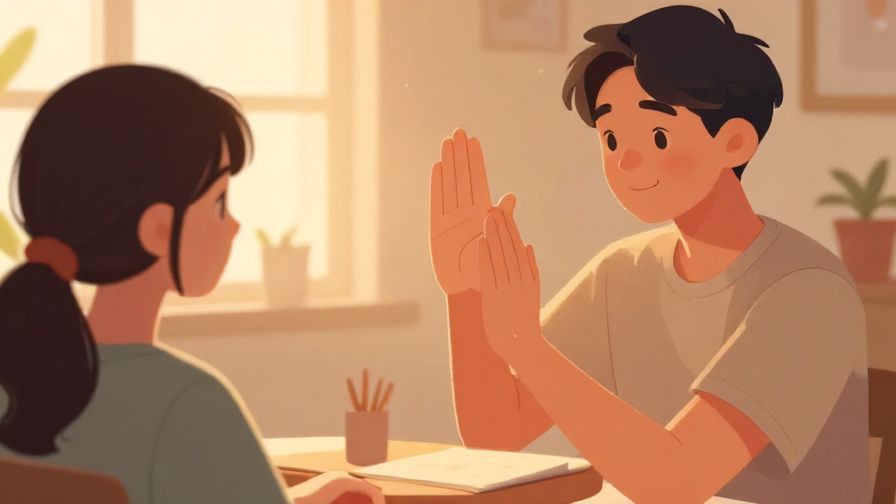 Illustration of a person holding up a hand in a gentle stop motion towards a friend in a cozy room, warm lighting, illustrated style