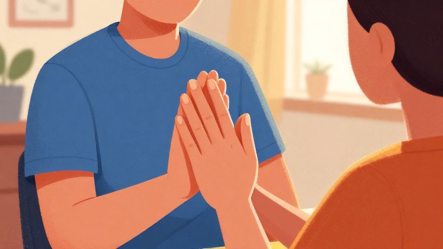 Illustration of a person holding up a hand to gently stop someone else from speaking, with a calm indoor setting and warm lighting, vibrant colors, illustrated style
