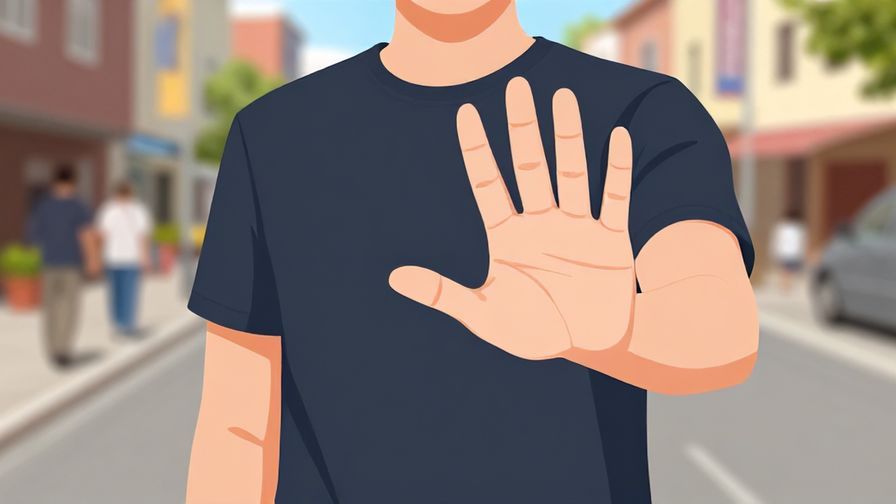 Illustration of a person holding up a hand to stop, with a casual street background, bright daylight, illustrated style