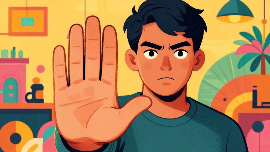 Illustration of a person holding up a stop hand gesture firmly, with a serious expression, detailed background, vibrant colors, illustrated style