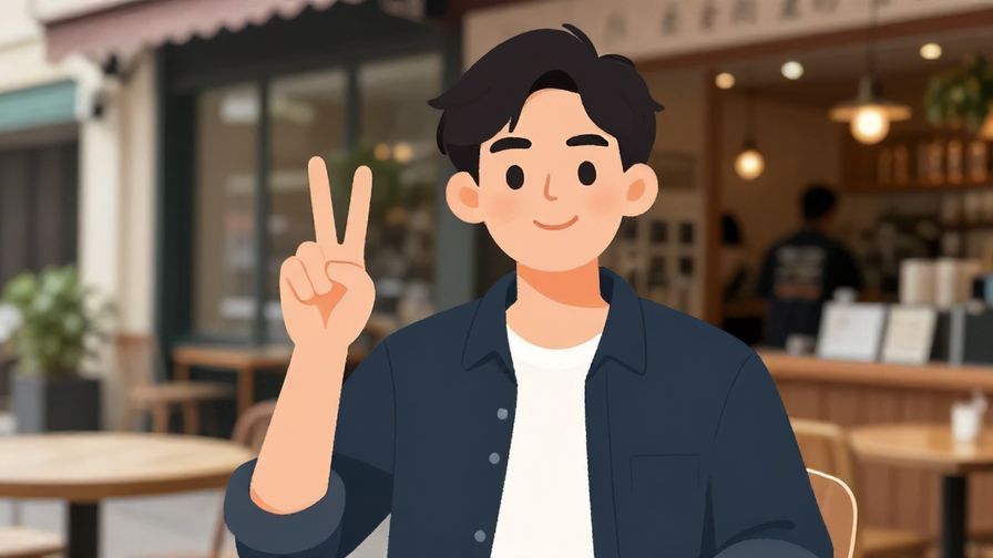 Illustration of a person holding up one finger with a smile, casual street café background