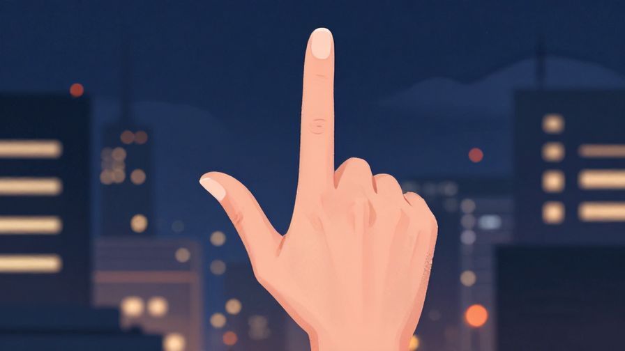 Illustration of a person holding up two fingers in a “stop” gesture, city background at night, cool colors, illustrated style