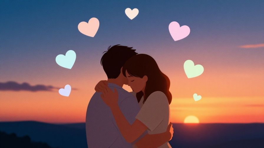 Illustration of a person hugging themselves gently with soft pastel hearts floating around, set against a peaceful sunset background