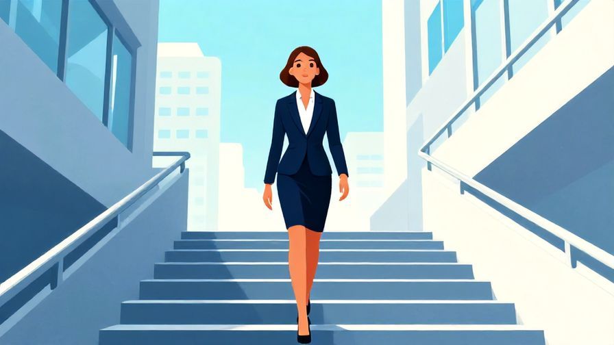 Illustration of a person in business attire confidently walking up stairs toward a bright office building, professional and polished look, vibrant colors, illustrated style