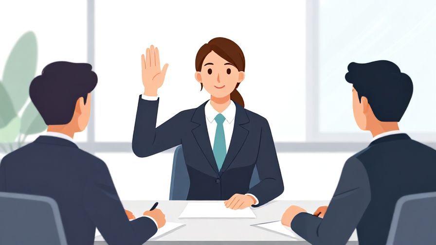 Illustration of a person in business attire raising a hand politely during a meeting, formal office setting