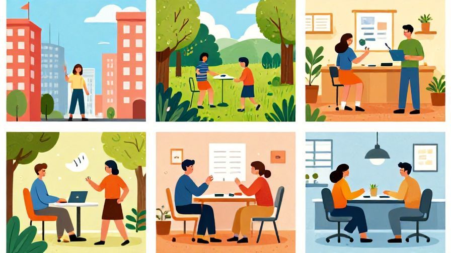 Illustration of a person in different environments (city, nature, office), showing how surroundings influence change, vibrant colors, illustrated style