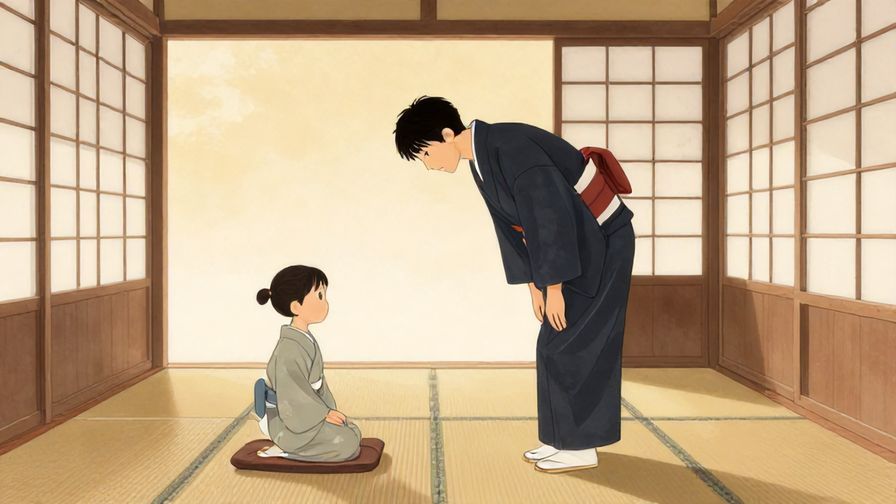 Illustration of a person in traditional kimono bowing respectfully in a serene Japanese room with tatami mats and shoji screens