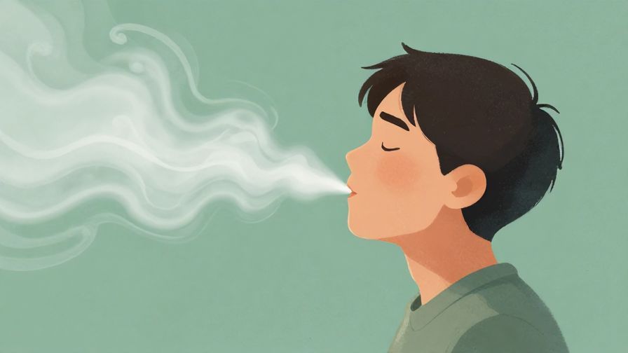 Illustration of a person inhaling deeply with visible breath waves, surrounded by swirling soft air currents and calming green tones