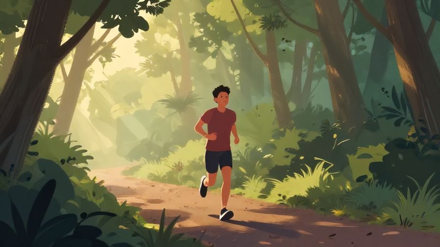 Illustration of a person jogging alone on a forest trail at dawn with a calm expression and soft light filtering through trees