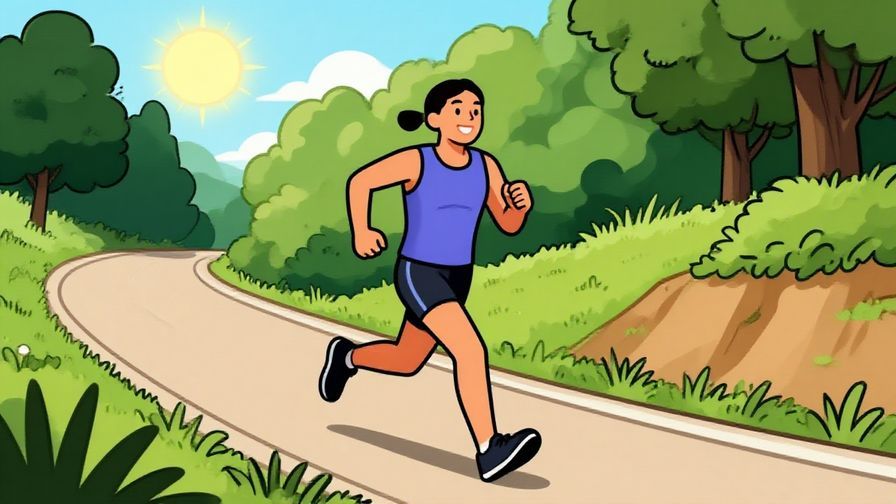 Illustration of a person jogging uphill with a bright smile, surrounded by nature and sunshine