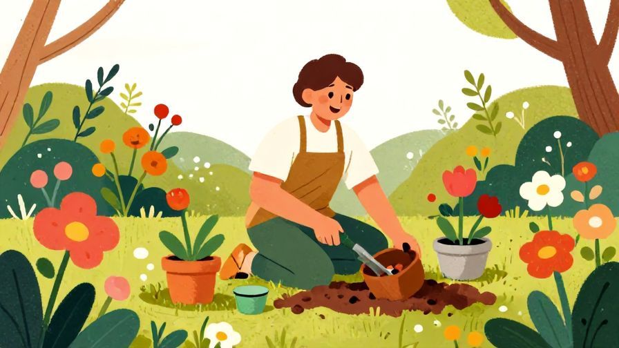 Illustration of a person joyfully gardening with blooming flowers around, symbolizing purpose and happiness, vibrant colors, illustrated style