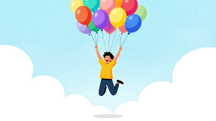 Illustration of a person joyfully jumping with colorful balloons around, bright sky in background, expressing happiness