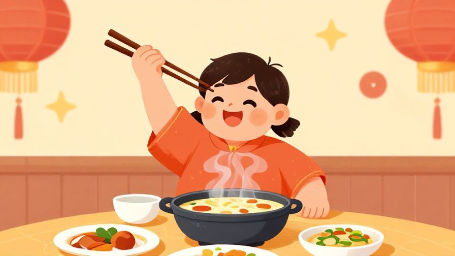 Illustration of a person joyfully raising chopsticks with a big smile, festive dining setting, bright and colorful