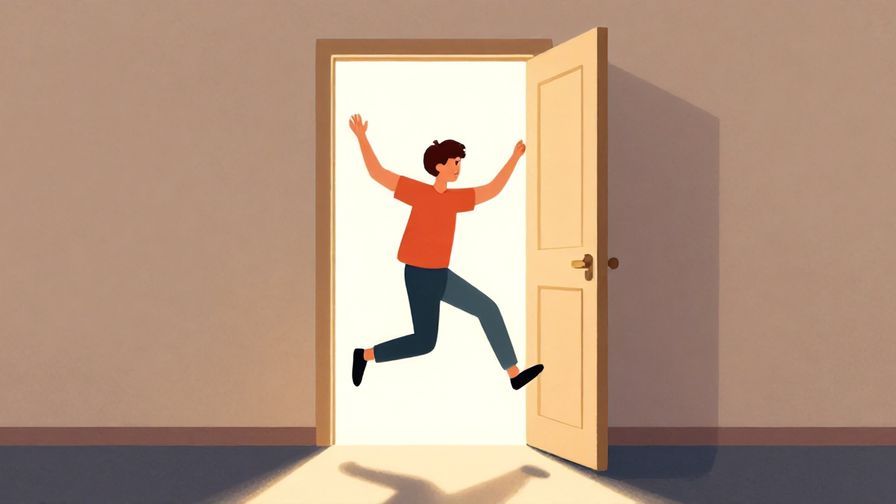 Illustration of a person joyfully stepping through an open door into bright sunlight, symbolic of new beginnings