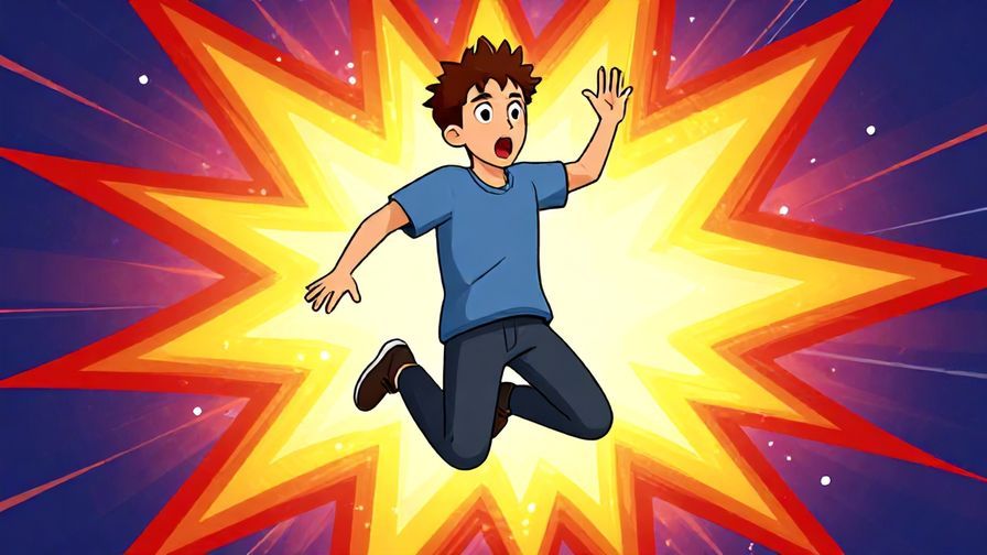 Illustration of a person jumping back with surprise, exaggerated expression, colorful explosion-like background