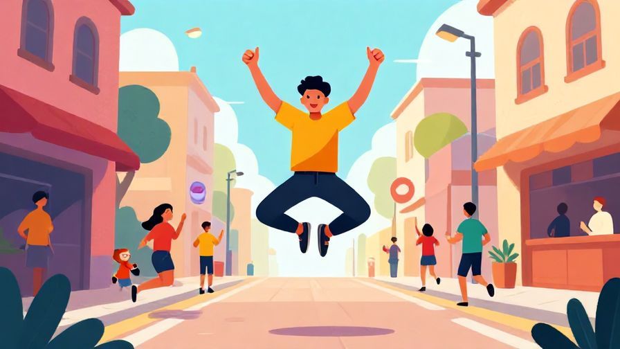 Illustration of a person jumping enthusiastically with thumbs up in a lively street scene, vibrant colors, illustrated style