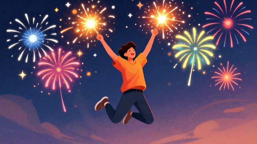 Illustration of a person jumping joyfully with arms up, surrounded by sparkles and vibrant fireworks, bright colors
