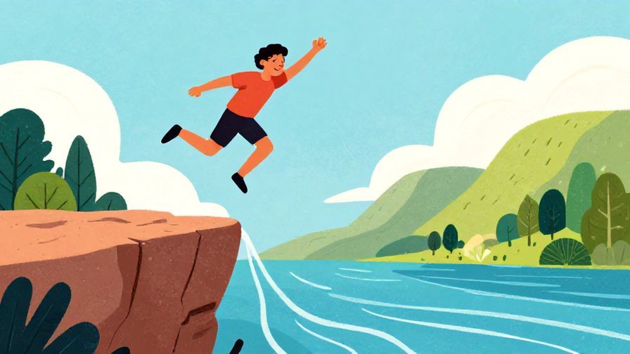 Illustration of a person jumping off a cliff into a river below, eyes closed and smiling, symbolizing a bold decision, vibrant colors, illustrated style