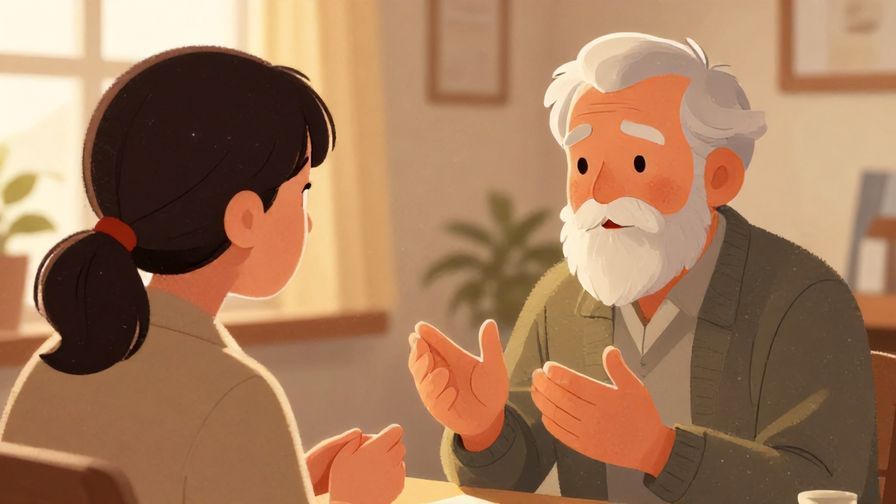 Illustration of a person kindly requesting help from an elder, with attentive body language and warm indoor lighting, detailed textures, illustrated style