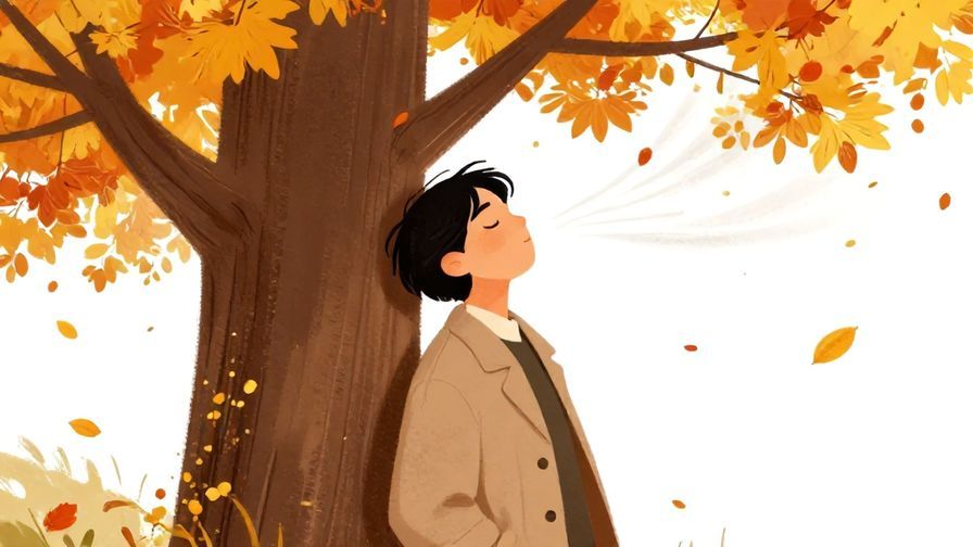 Illustration of a person leaning against a tree outside, eyes closed, relaxed with soft breeze and falling leaves, vivid autumn colors, illustrated style