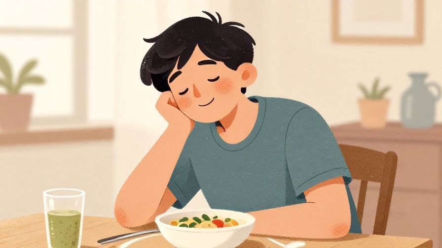 Illustration of a person leaning back contentedly after a meal with a big smile, soft pastel home background, cozy atmosphere, illustrated style