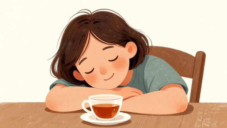 Illustration of a person leaning back in a chair with eyes closed and a content smile, a cup of tea on the table, soft warm colors, illustrated style