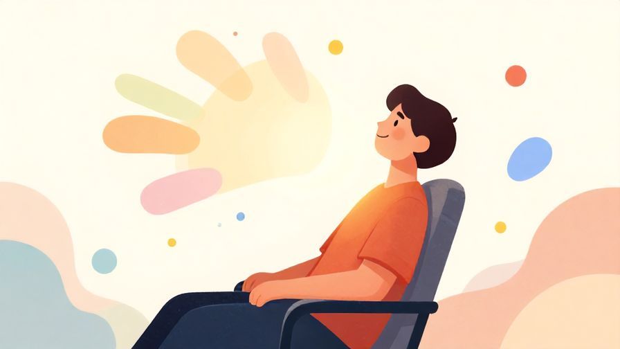 Illustration of a person leaning back in a chair with a relaxed smile, surrounded by soft colorful abstract shapes symbolizing lightness