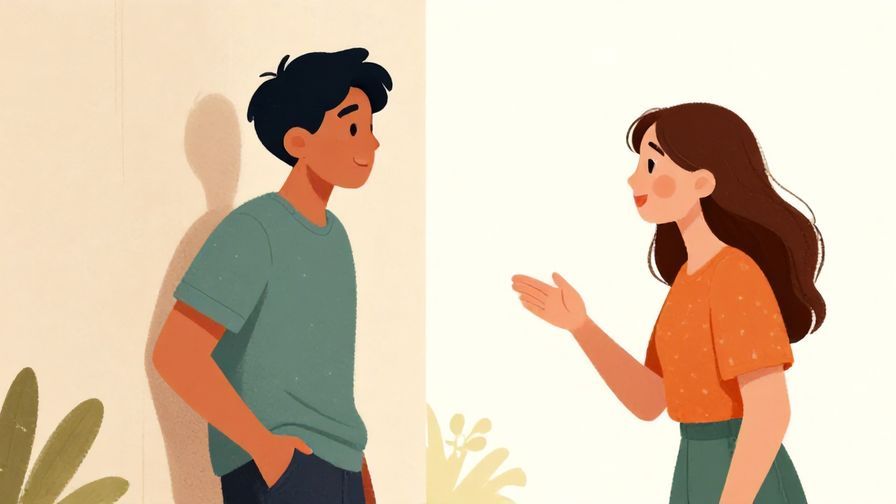 Illustration of a person leaning casually against a wall, talking animatedly with a friend, bright and warm colors, illustrated style