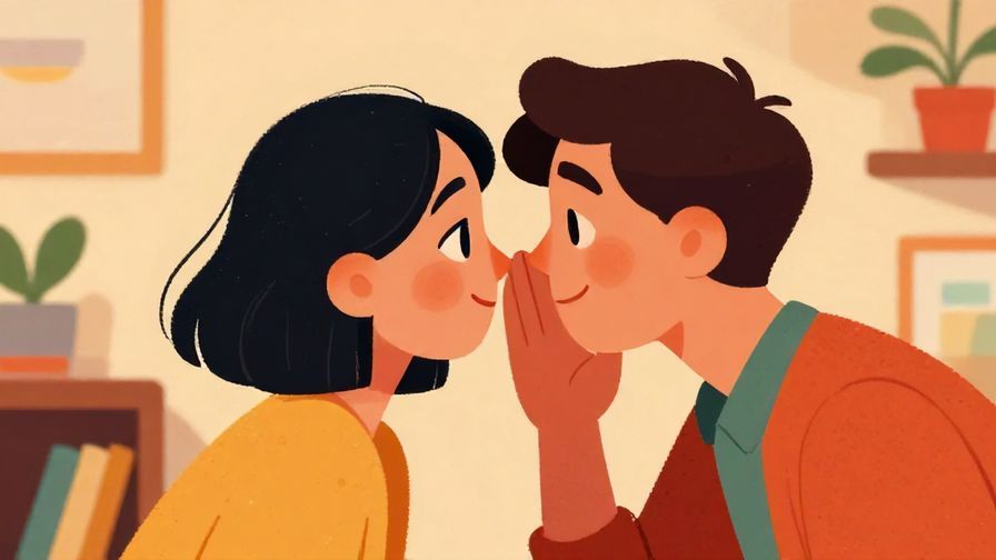 Illustration of a person leaning in to whisper with a slight smile, cozy room background, warm lighting, vibrant colors, illustrated style