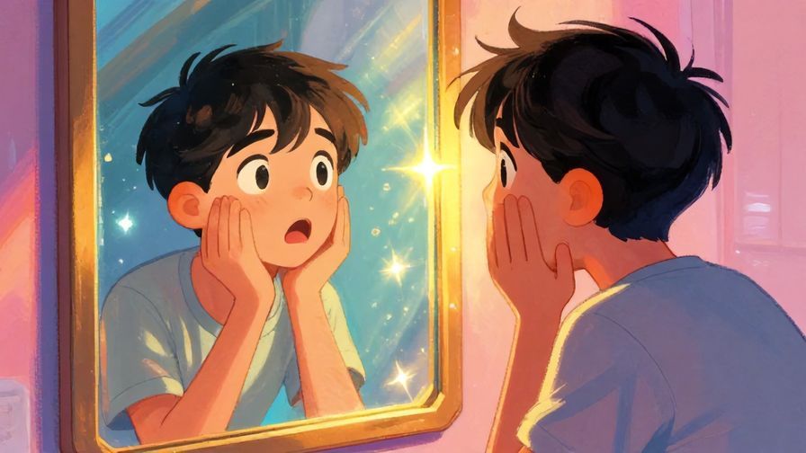 Illustration of a person looking amazed at their reflection in a mirror, vibrant sparkling light around them
