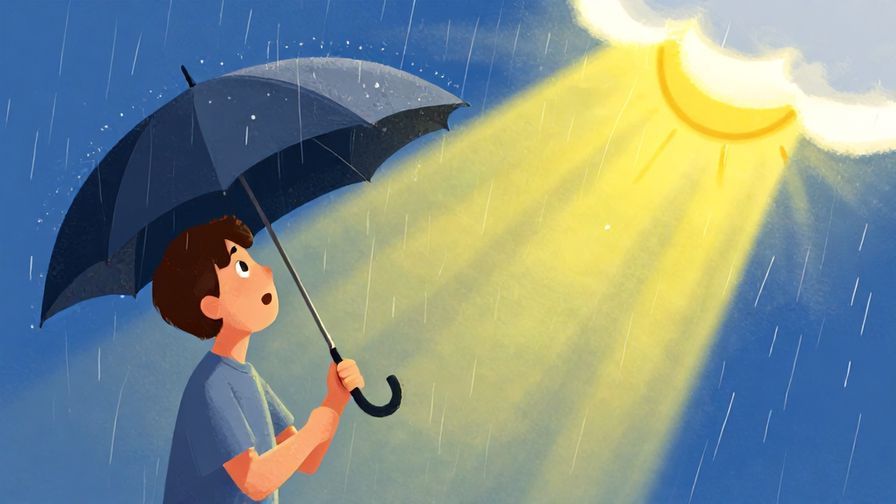 Illustration of a person looking amazed, holding an umbrella in the rain with a bright sunbeam breaking through clouds, hopeful and vivid colors