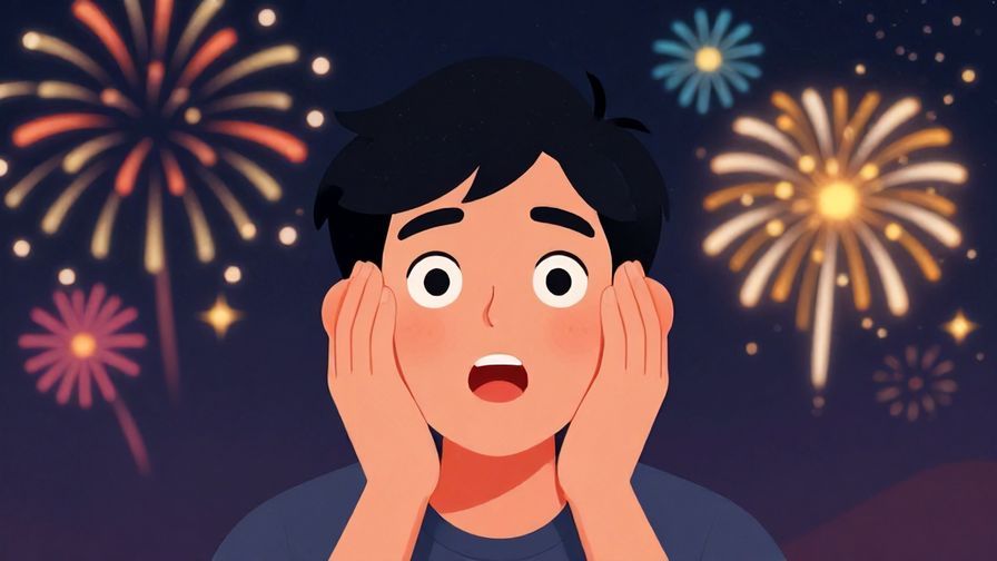Illustration of a person looking amazed with wide eyes and hands raised near face, colorful fireworks in background