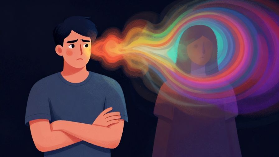 Illustration of a person looking angry with crossed arms, another figure fading away in a swirl of colors, dark but vibrant hues, illustrated style