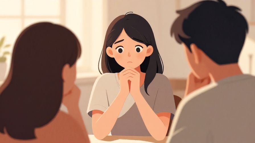 Illustration of a person looking apologetic with hands clasped, facing another person who looks thoughtful, indoor soft lighting, illustrated style