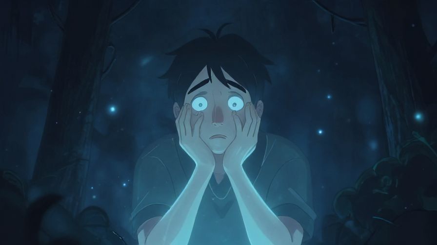 Illustration of a person looking around nervously with faint magical glow, playful yet spooky atmosphere