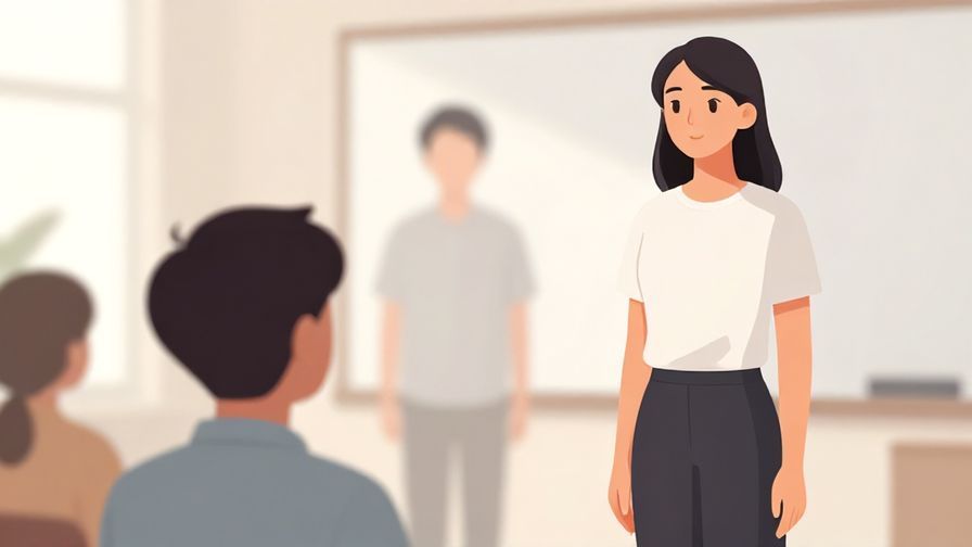 Illustration of a person looking at a blurred past self fading in the background, with bright future self standing tall, calm indoor setting