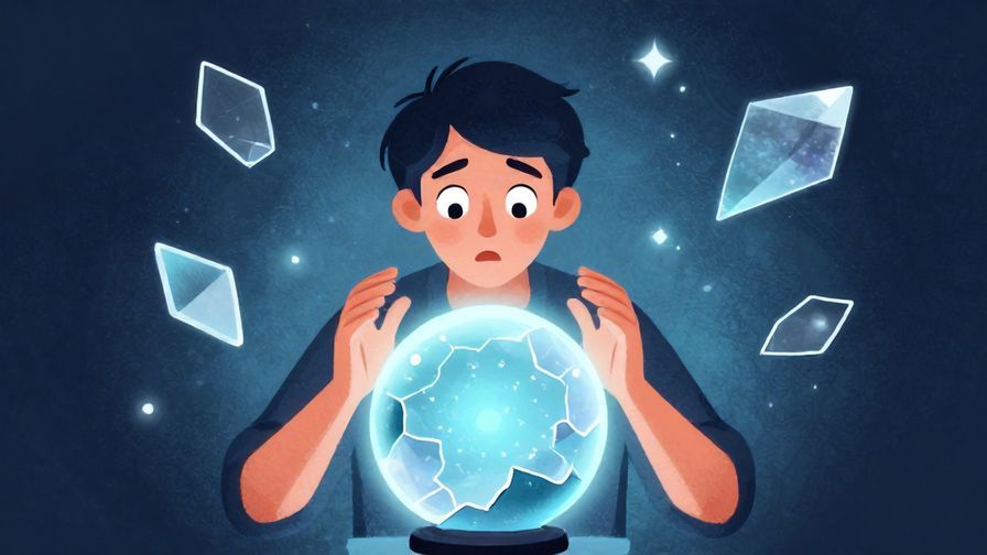 Illustration of a person looking at a broken crystal ball with a surprised look, soft magical background