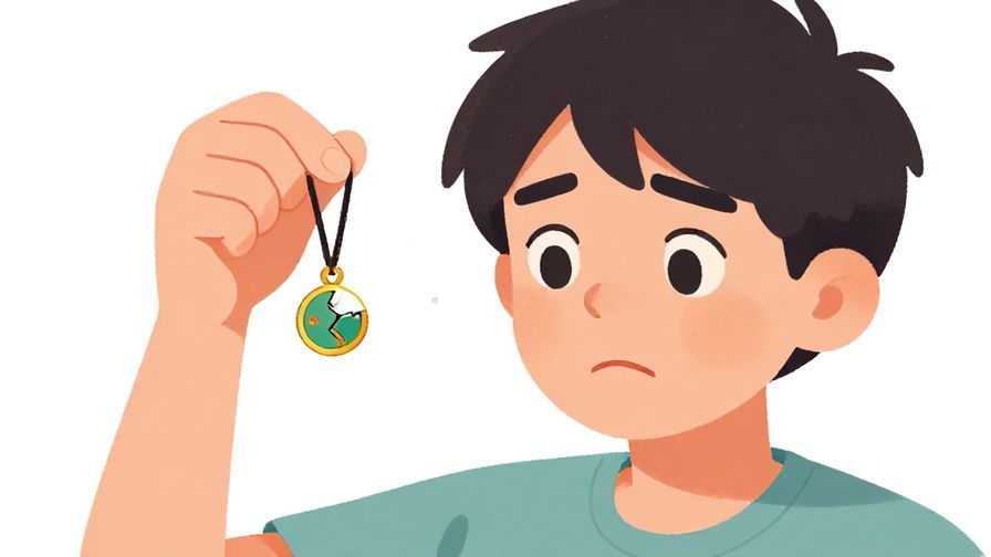 Illustration of a person looking at a broken lucky charm with a disappointed expression, bright yet muted colors