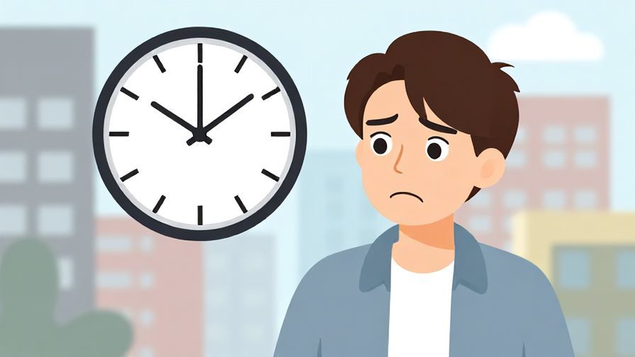 Illustration of a person looking at a clock with a disappointed but humorous expression, casual urban background