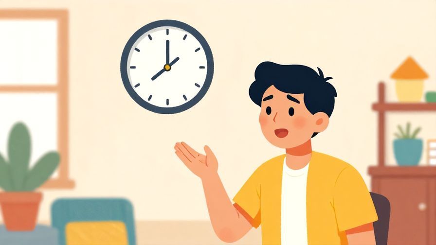 Illustration of a person looking at a clock with a surprised smile, bright indoor room, vibrant colors