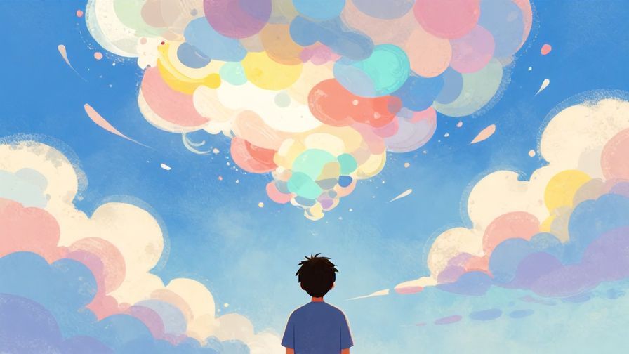 Illustration of a person looking at a cloudy sky, thoughtful, abstract patterns in the clouds, vibrant colors, illustrated style