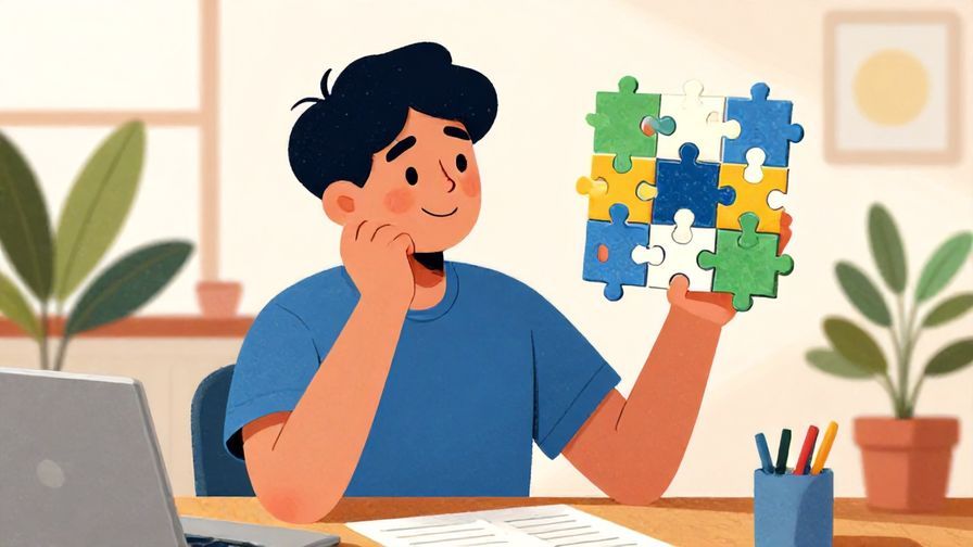 Illustration of a person looking at a complicated puzzle with a thoughtful but hopeful smile, bright room with plants, vibrant colors, illustrated style