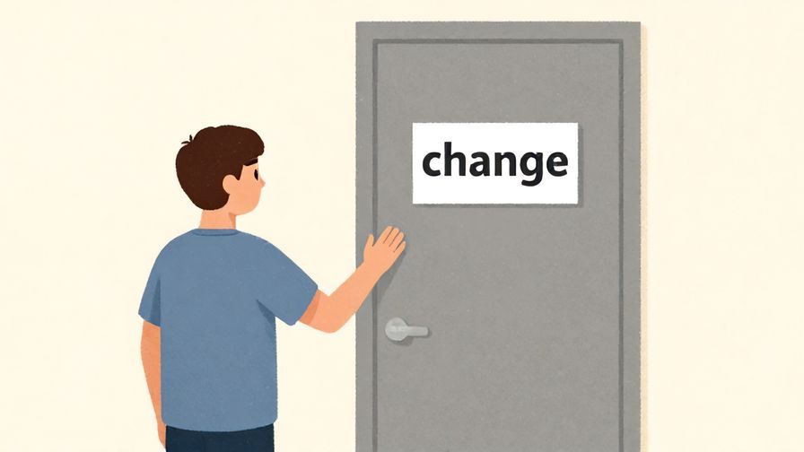 Illustration of a person looking at a door labeled “change,” reaching out but unable to open it, soft colors