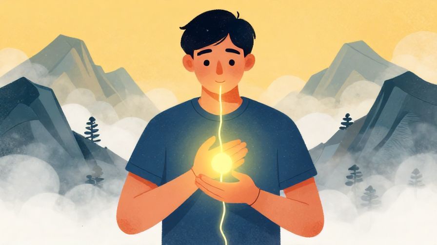 Illustration of a person looking at a glowing thread tied to their wrist, symbolizing a predestined fate, surrounded by misty mountains, vibrant colors, illustrated style