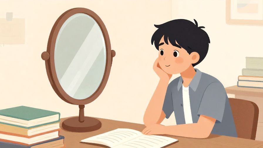 Illustration of a person looking at a mirror with a thoughtful expression, surrounded by study materials in a softly lit room