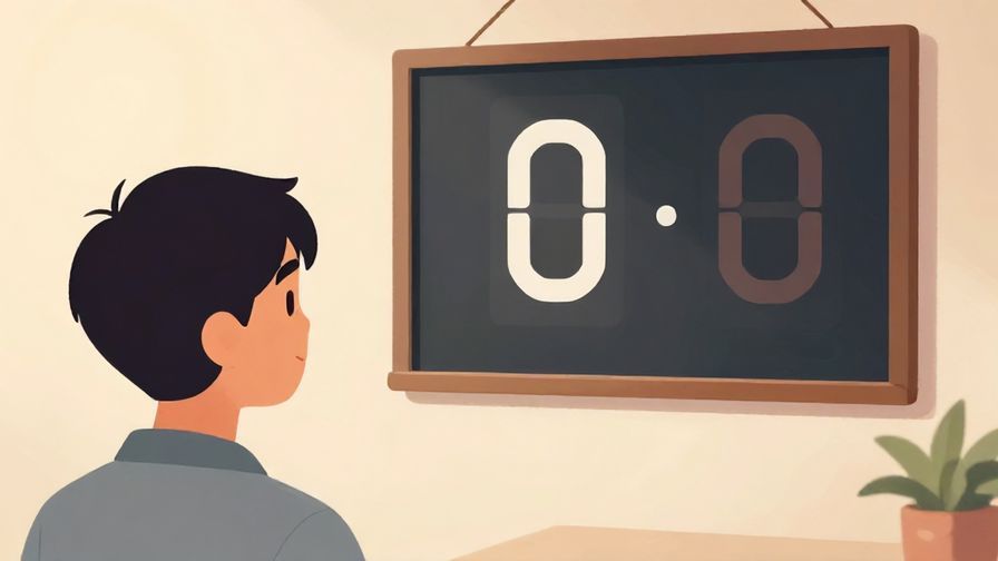 Illustration of a person looking at a scoreboard with zero wins, calm expression, soft indoor lighting
