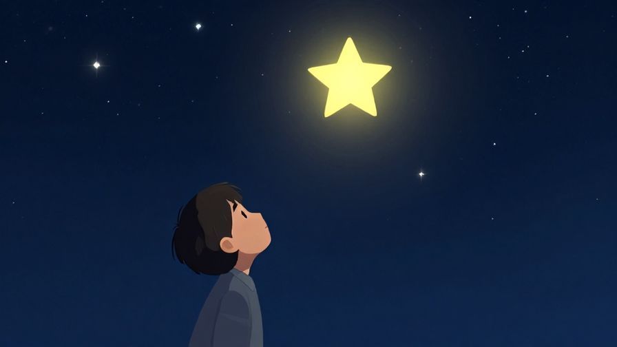 Illustration of a person looking at a shining star with awe, night sky background full of stars