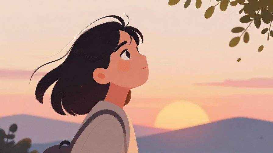 Illustration of a person looking at a sunset, thoughtful expression, gentle breeze moving leaves, soft pastel colors