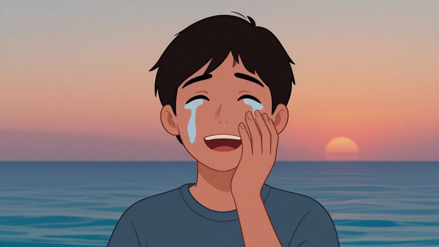 Illustration of a person looking at a sunset with tears of joy, tranquil sea background with soft pastel colors